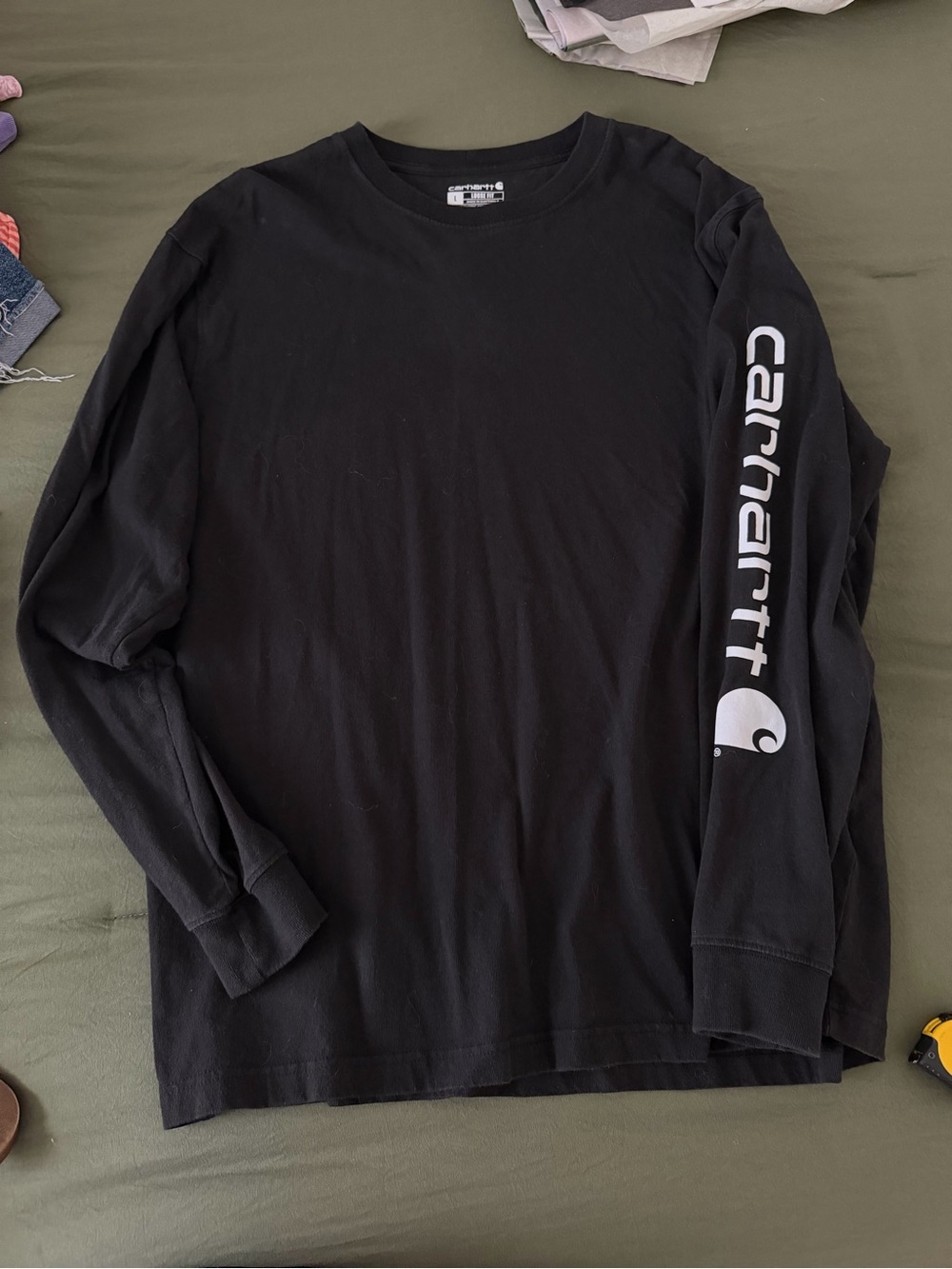 Carhartt Black Long-Sleeve Logo Tee with White Sleeve Print